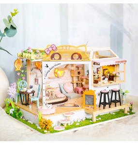 CUTEBEE DIY Miniature Dollhouse with Furniture Light Cute Cat Wooden Doll House Roombox Building Kit Model Toy for Birthday Gift