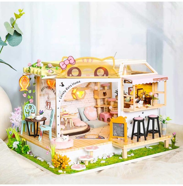 CUTEBEE DIY Miniature Dollhouse with Furniture Light Cute Cat Wooden Doll House Roombox Building Kit Model Toy for Birthday Gift