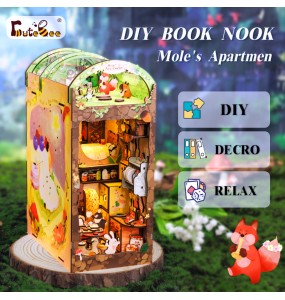 CUTEBEE-Book Nook Kit, DIY Doll House with Touch Light, Dust Cover, Cartoon 3D Bookshelf Insert, Birthday Gift, Mole's Apartment