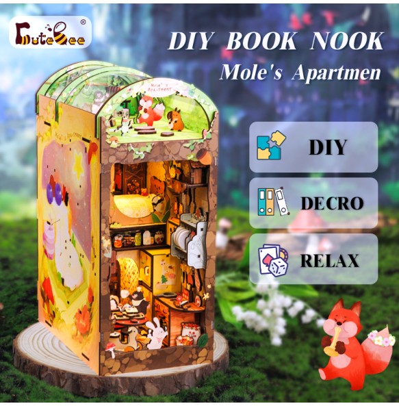 CUTEBEE-Book Nook Kit, DIY Doll House with Touch Light, Dust Cover, Cartoon 3D Bookshelf Insert, Birthday Gift, Mole's Apartment