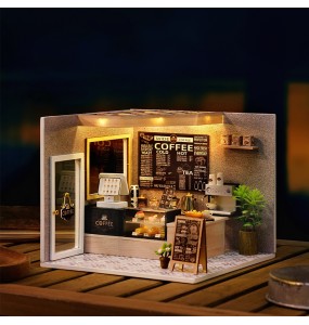 DIY Dollhouse Kit with Furniture and Lights Coffee Shop Miniature Doll House Wooden Model Toy for Birthday Gifts