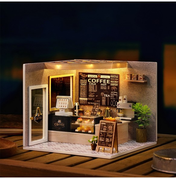 DIY Dollhouse Kit with Furniture and Lights Coffee Shop Miniature Doll House Wooden Model Toy for Birthday Gifts