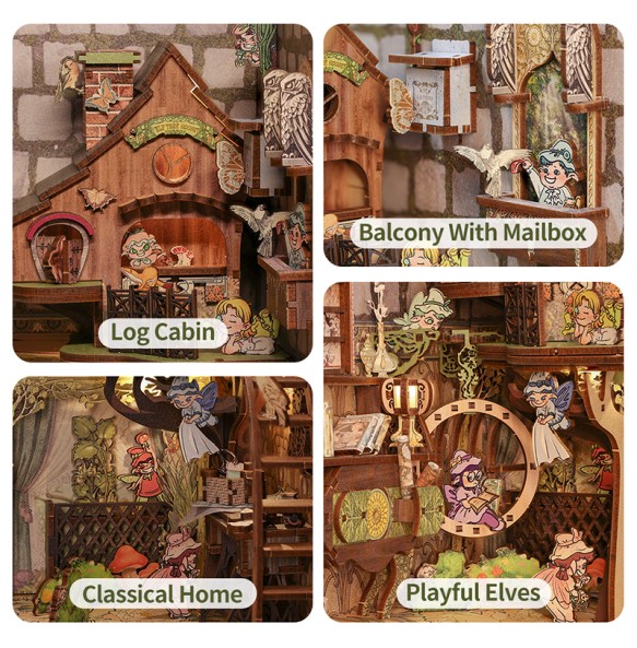 CUTEBEE Book Nook Kit DIY Wooden Doll House with Touch Light Elven Paradise Miniature Building Kits Model for Decompression Gift