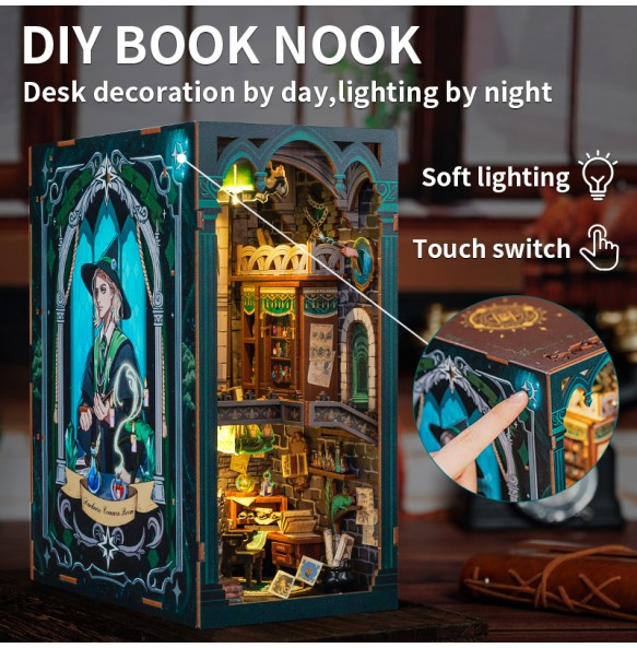 CUTEBEE DIY Book Nook Wooden Dollhouse with Light Dust Cover Magic Bookshelf Insert 3D Puzzle Decor Gift Darkness Common Room