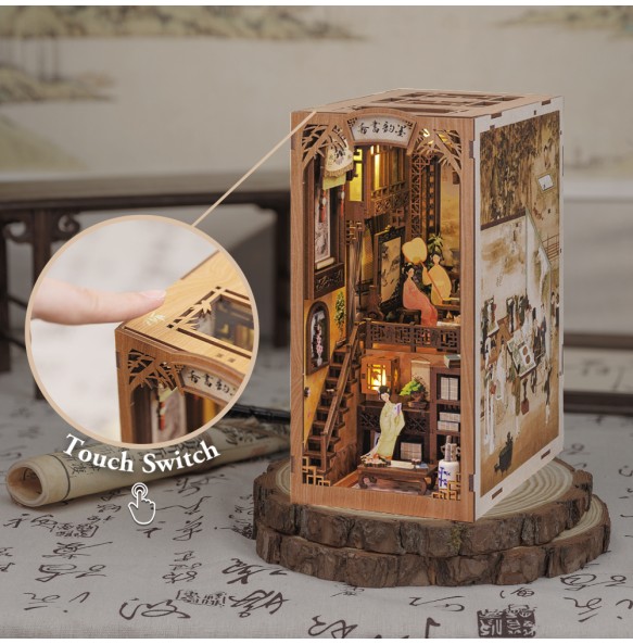 CUTEBEE Book Nook Dollhouse Kit With Touch Light Dust Cover DIY Miniature Doll House Toys For Birthday Gifts Ink Rhyme Bookstore