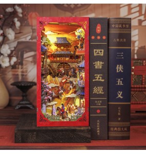 CUTEBEE Chinese Style Book Nook Wooden Dollhouse with Light Dust Cover DIY Bookshelf Insert Decor for Gift the Legend of Mulan