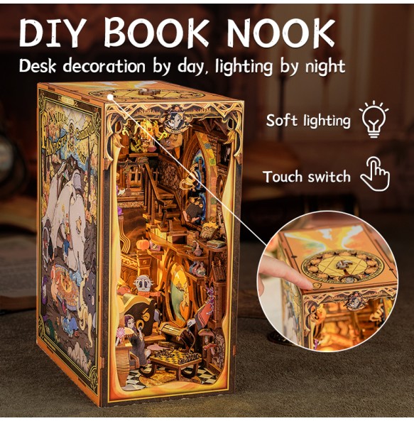 CUTEBEE DIY Book Nook Wooden Dollhouse with Touch Light Magic Theme Bookshelf Insert Decor for Gift Fantastic Animal Common Room