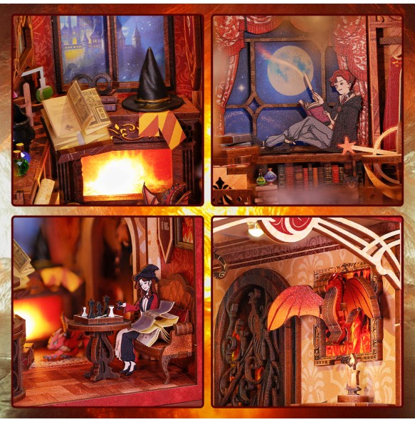 CUTEBEE Book Nook Doll House 3D Puzzle With Touch Light Dust Cover Magic Gift Ideas Bookshelf Insert Toy Gifts Flame Common Room