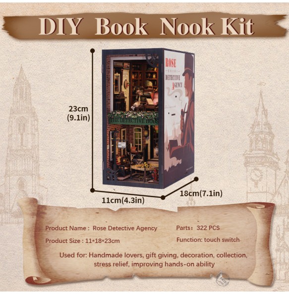 CUTEBEE Book Nook 3D Puzzle Miniature Doll House Kit With Touch Light Dust Cover DIY Bookshelf Insert Gift Rose Detective Agency