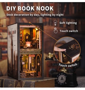 CUTEBEE Book Nook 3D Puzzle Miniature Doll House Kit With Touch Light Dust Cover DIY Bookshelf Insert Gift Rose Detective Agency