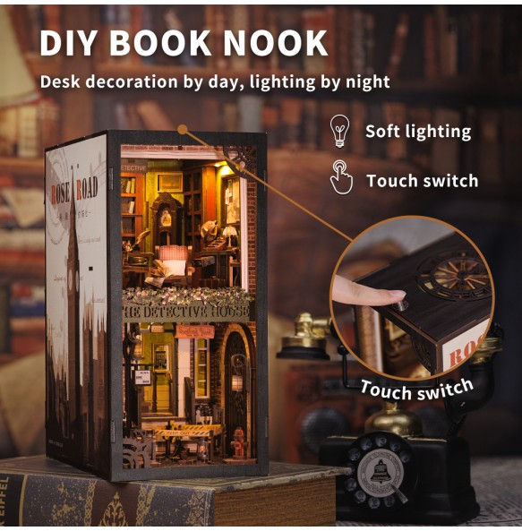 CUTEBEE Book Nook 3D Puzzle Miniature Doll House Kit With Touch Light Dust Cover DIY Bookshelf Insert Gift Rose Detective Agency