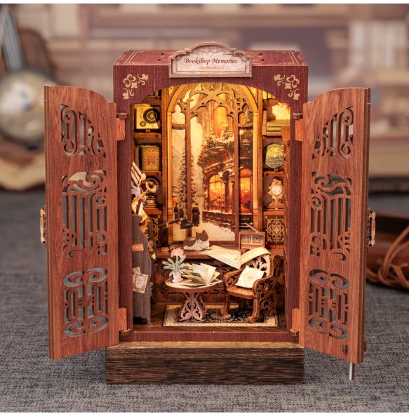 CUTEBEE DIY Book Nook Kit Miniature Wooden Dollhouse with Light Bookshelf Insert Decoration Model for Gifts Bookshop Memories