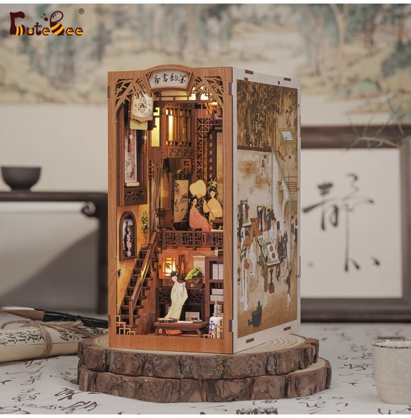 CUTEBEE Book Nook Dollhouse Kit With Touch Light Dust Cover DIY Miniature Doll House Toys For Birthday Gifts Ink Rhyme Bookstore