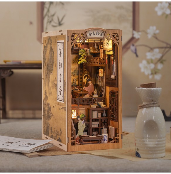 CUTEBEE Book Nook Dollhouse Kit With Touch Light Dust Cover DIY Miniature Doll House Toys For Birthday Gifts Ink Rhyme Bookstore