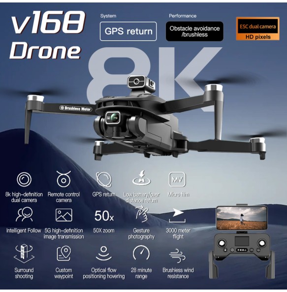 New V168 Drone Professinal Three Camera 8K Wide Angle Optical GPS Localization Four-way Obstacle Avoidance Quadcopter For XIAOMI