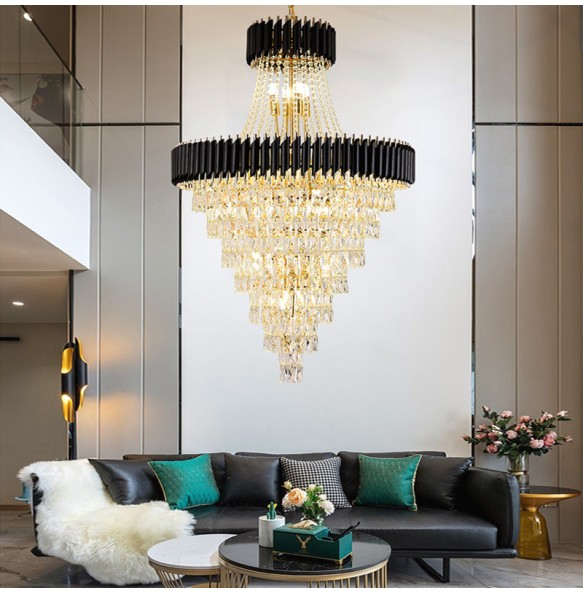 Multi-layer Crystal Round Gold Black Dimmable LED Lustre Pendant Light Stair Lights Luxury Hanging Lamp Home Decor