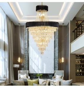 Multi-layer Crystal Round Gold Black Dimmable LED Lustre Pendant Light Stair Lights Luxury Hanging Lamp Home Decor