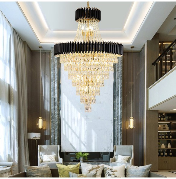 Multi-layer Crystal Round Gold Black Dimmable LED Lustre Pendant Light Stair Lights Luxury Hanging Lamp Home Decor