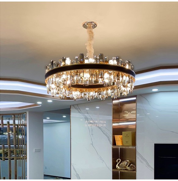 Smoky Grey Chandelier with Crystals Led Luxury Leather Pendant Light Dimmable Home Decor Exquisite Lustre for Living Room