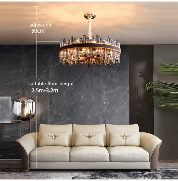 Smoky Grey Chandelier with Crystals Led Luxury Leather Pendant Light Dimmable Home Decor Exquisite Lustre for Living Room