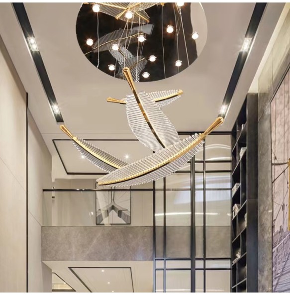 Modern 2024 Stairwel Leaf Ceiling Chandelier Large Staircase Pendant Light Home Decor Lustre High Ceiling Led Hanging Lamps