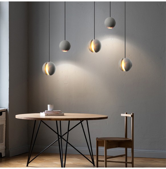 Lunar Surface Shaped Pendant Light Spherical Hanging Lamp Round Cement Grey Modern Suspension Dimmable LED Home Decoration