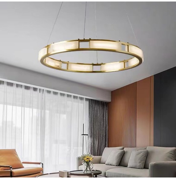 Post-Modern Led Round Marble Pendant Light Home Decor Luxury Suspension Luminaire Lustre Living Room Dimmable Chandelier