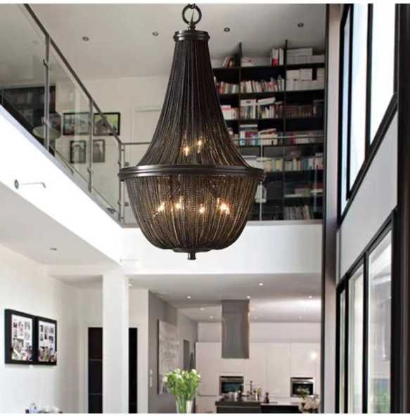 Modern Black Aluminum Chain Tassel Pendant Lights Dimmable Fancy Shade Retro Chandelier for Living Room Decoration