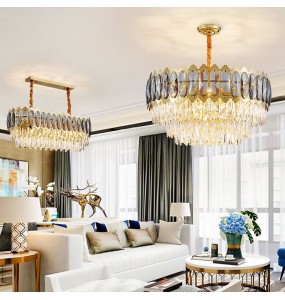 Smoky Gray Crystal Lamps Dimmable LED Lustre Gold Stainless Steel Pendant Light Ceiling for Living Room Villa Apartment