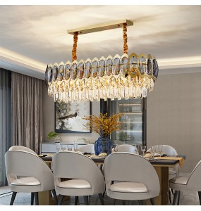 Smoky Gray Crystal Lamps Dimmable LED Lustre Gold Stainless Steel Pendant Light Ceiling for Living Room Villa Apartment