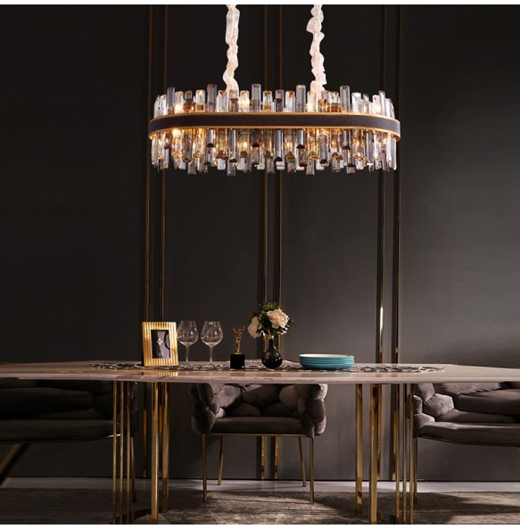 Smoky Grey Chandelier with Crystals Led Luxury Leather Pendant Light Dimmable Home Decor Exquisite Lustre for Living Room