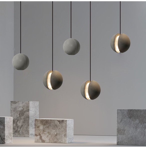 Lunar Surface Shaped Pendant Light Spherical Hanging Lamp Round Cement Grey Modern Suspension Dimmable LED Home Decoration