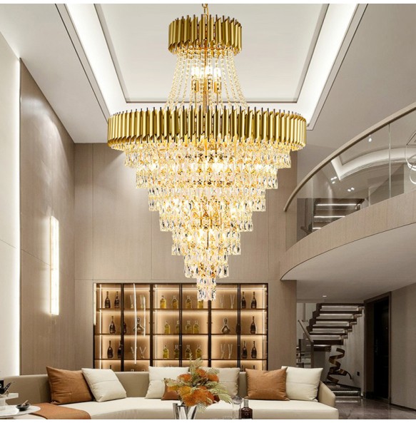 Multi-layer Crystal Round Gold Black Dimmable LED Lustre Pendant Light Stair Lights Luxury Hanging Lamp Home Decor