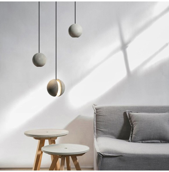 Lunar Surface Shaped Pendant Light Spherical Hanging Lamp Round Cement Grey Modern Suspension Dimmable LED Home Decoration