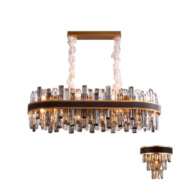 Smoky Grey Chandelier with Crystals Led Luxury Leather Pendant Light Dimmable Home Decor Exquisite Lustre for Living Room