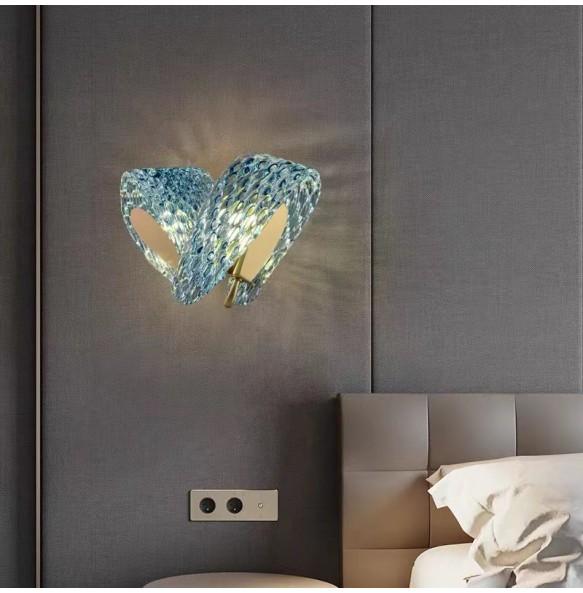 Modern New Design Blue Glass Flower Lampshade Wall Light LED G9 Remote Control Background Luminaire for Bedside Living Room