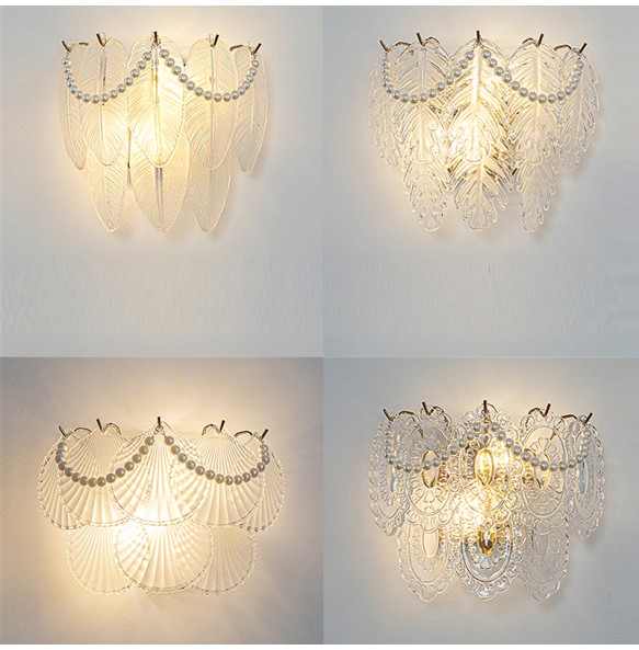 Pearl Chain Feather Leaf Shell Sun Flower Shaped Glass Light Fixture LED Wall Lamp Bedroom Night Luxury Home Decor Appliance