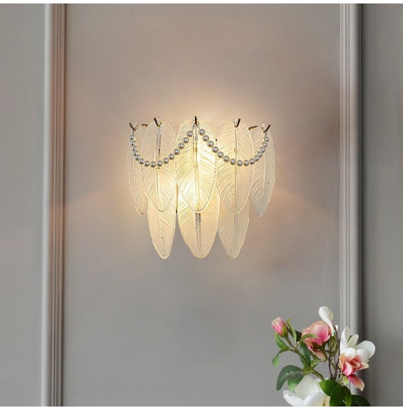 Feather Leaf Shell Sun Flower Shaped Glass Gold Light Fixture LED Wall Lamp Lustre Bedroom Night Luxury Home Decor Appliance