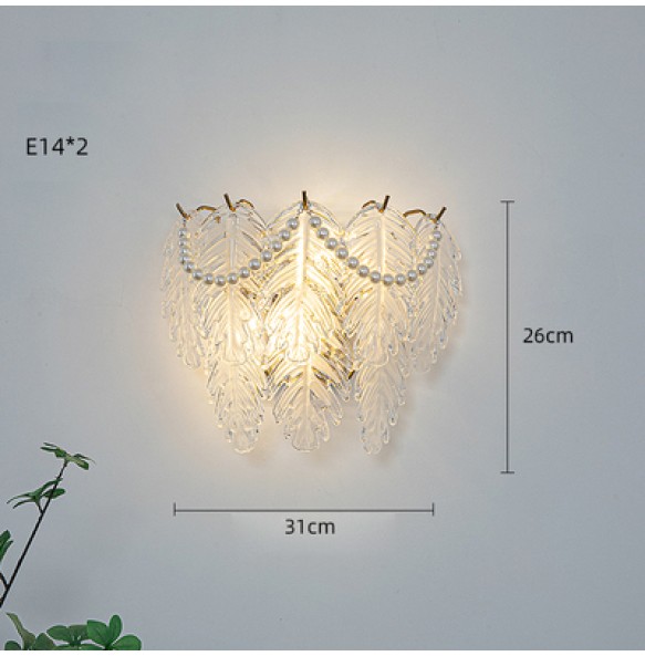 Pearl Chain Feather Leaf Shell Sun Flower Shaped Glass Light Fixture LED Wall Lamp Bedroom Night Luxury Home Decor Appliance