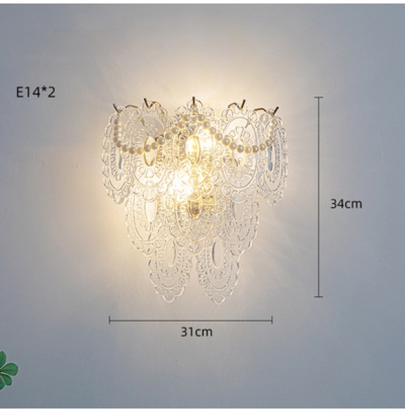 Pearl Chain Feather Leaf Shell Sun Flower Shaped Glass Light Fixture LED Wall Lamp Bedroom Night Luxury Home Decor Appliance