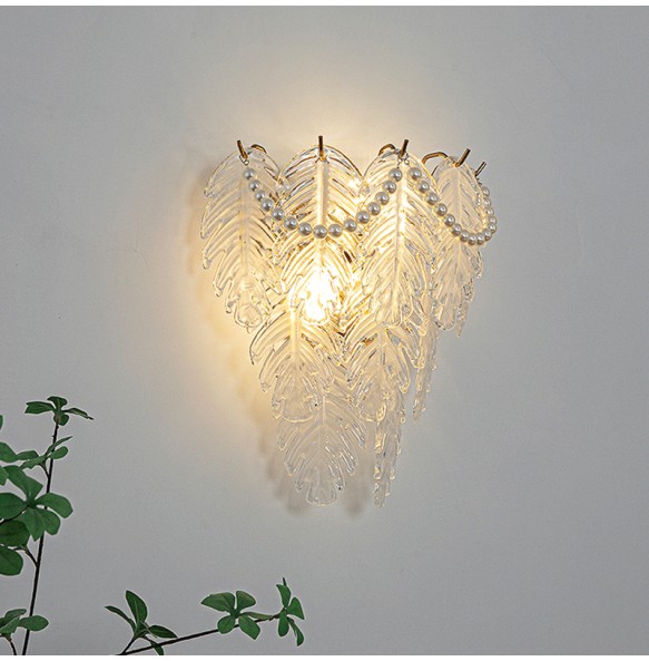 Pearl Chain Feather Leaf Shell Sun Flower Shaped Glass Light Fixture LED Wall Lamp Bedroom Night Luxury Home Decor Appliance