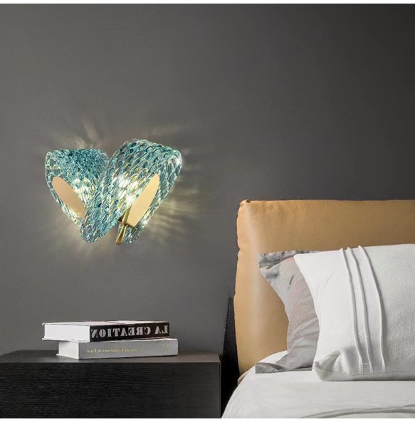 Modern New Design Blue Glass Flower Lampshade Wall Light LED G9 Remote Control Background Luminaire for Bedside Living Room