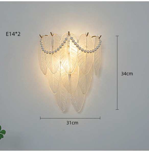 Pearl Chain Feather Leaf Shell Sun Flower Shaped Glass Light Fixture LED Wall Lamp Bedroom Night Luxury Home Decor Appliance