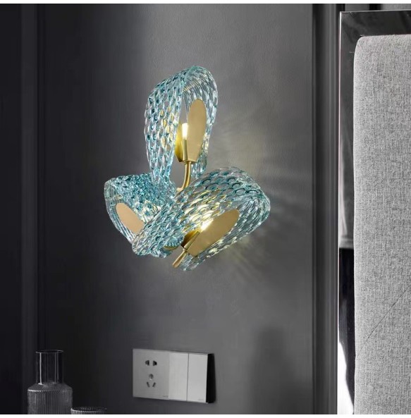 Modern New Design Blue Glass Flower Lampshade Wall Light LED G9 Remote Control Background Luminaire for Bedside Living Room