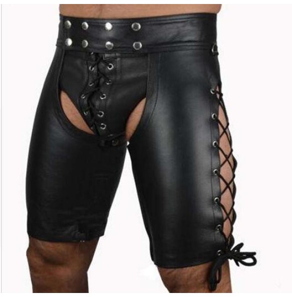 2022 Sexy Lingerie Gay Men Faux Leather Lace Up Pants New Hot Black Mens Latex PVC Bondage Open Cortch Shorts Gothic Fetish