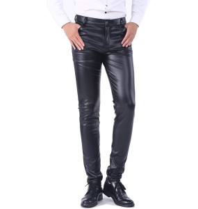 Men`s Business Slim Fit Five Pockets Faux Leather Pants Jeans