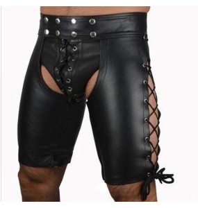 2022 Sexy Lingerie Gay Men Faux Leather Lace Up Pants New Hot Black Mens Latex PVC Bondage Open Cortch Shorts Gothic Fetish