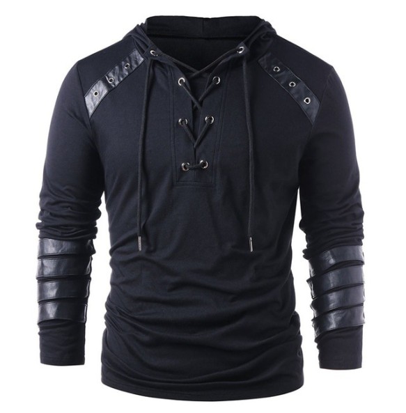 Adult Men Medieval T-shirt Gothic Steampunk Sweatshirt Lace Up Long Sleeve Pullover Hooded Tee Halloween Shirts Tops chemise