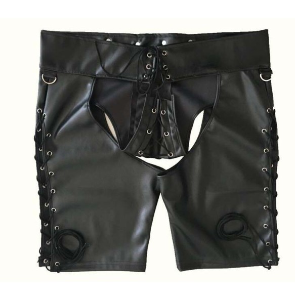 2022 Sexy Lingerie Gay Men Faux Leather Lace Up Pants New Hot Black Mens Latex PVC Bondage Open Cortch Shorts Gothic Fetish