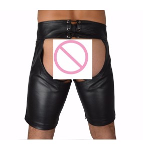 2022 Sexy Lingerie Gay Men Faux Leather Lace Up Pants New Hot Black Mens Latex PVC Bondage Open Cortch Shorts Gothic Fetish